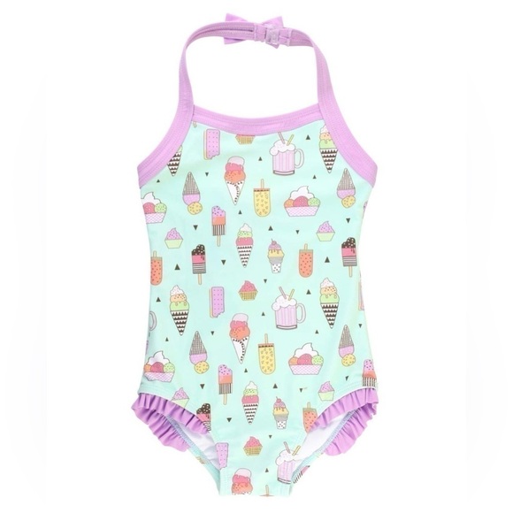 RUFFLE BUTTS Ice Cream Popsicle Float Mint Green Purple Swimsuit Size 6-12M - Picture 1 of 5
